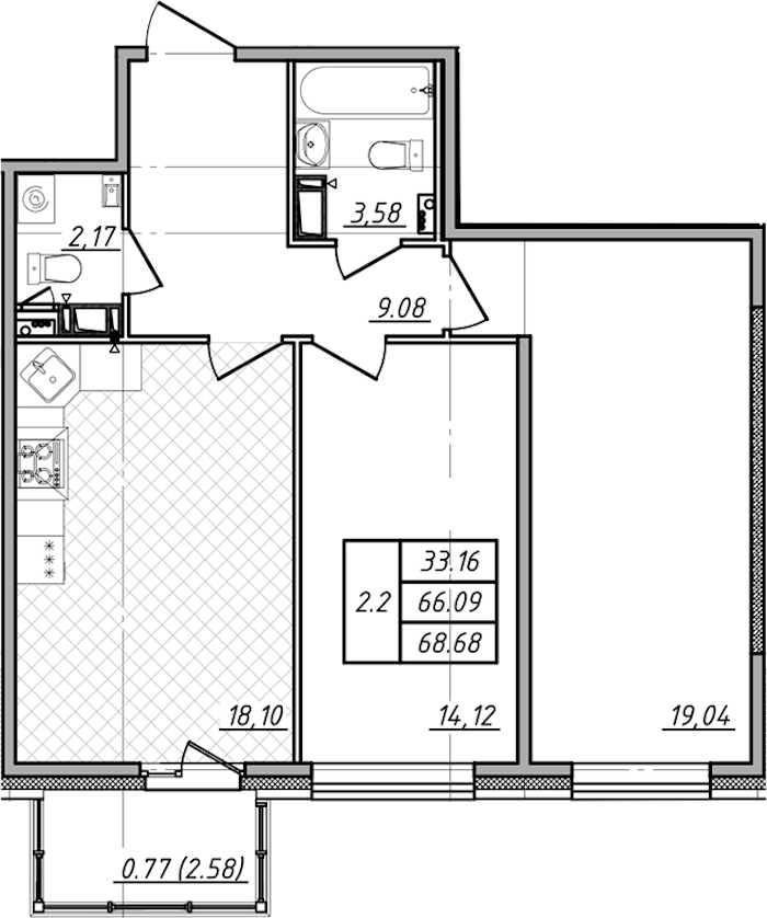 2-комнатная квартира 66.09 м², 2/12 эт., ЖК «Чёрная речка»